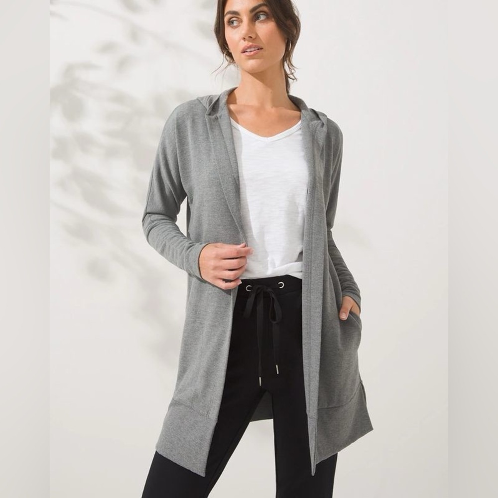 Soma WKND Soft Brushed Terry Hooded Open Cardigan Pockets Stretch Lounge Gray M